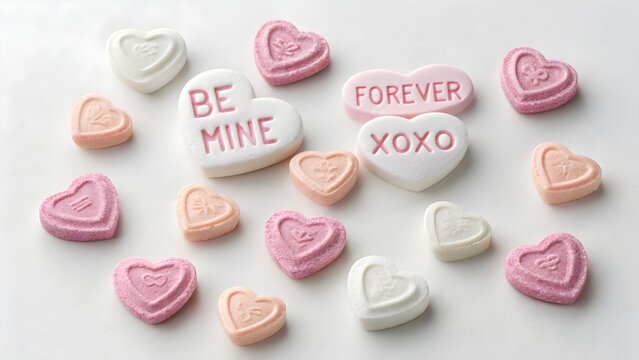 Pastel heart-shaped candy conversation sweets with loving messages for Valentine’s Day celebrations and romance.