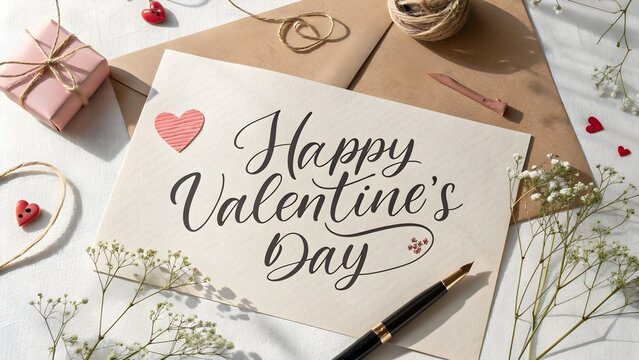 Romantic Valentine's Day flat lay with calligraphy, gifts, and delicate floral accents.