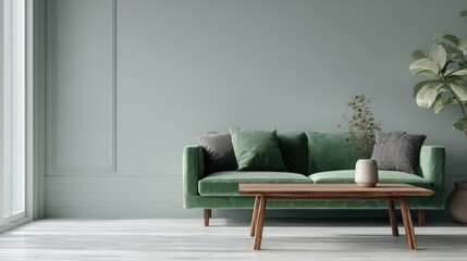 Modern interior with green sofa and wooden table against a pastel background