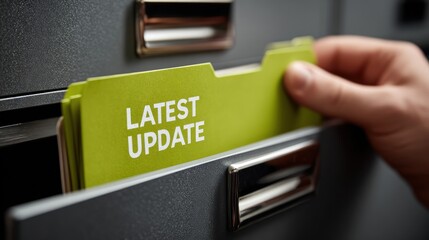 Person removing file labeled latest update from a filing cabinet drawer