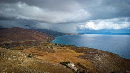 Souther Coast of Crete. Mountains and Road. Aerial Shot. Preveli. GReece