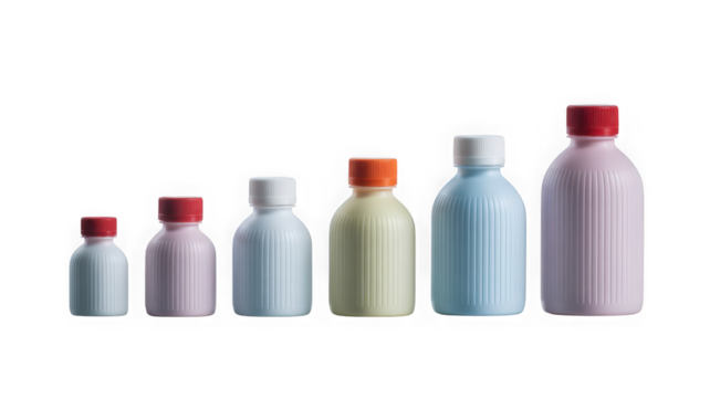 Gradient of pastel plastic bottles with vibrant caps, product concept isolated on transparent background
