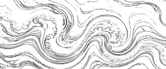 Dynamic Black and White Abstract of Swirling, Textured Lines, Fluid Motion, Engraved Water Surface.
