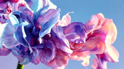 Abstract floral form with flowing petals in blue, purple, and pink against a light sky - Powered by Adobe