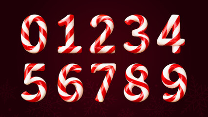 Christmas numbers 0 through 9 designed as striped candy canes on a dark red gradient background with snowflakes. Festive holiday typography, sweet number set, winter decorative font for Christmas card