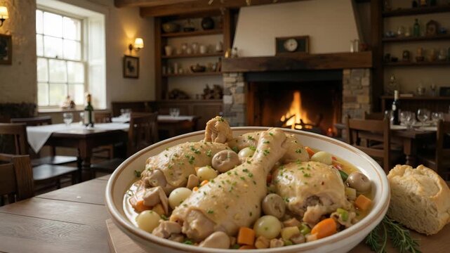 Warming french coq au vin in a bowl, served in cozy restaurant with a burning fireplace.
