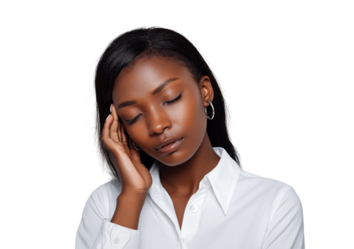 Woman with eyes closed holding head isolated on a transparent background