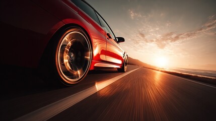 Red car speeding down coastal road at sunset with motion blur