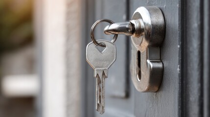 Silver key in door keyhole close up photography
