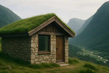 Stone Cabin with a Living Grass Roof in a Mountain Valley