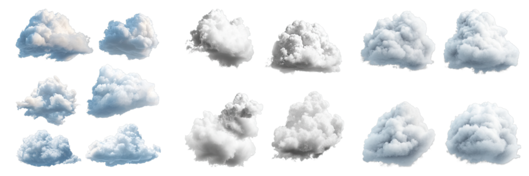 Collection of fluffy white clouds in the sky, perfect for various creative designs. Clouds isolated in sky.