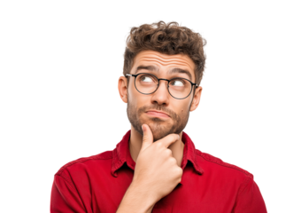 Young man with glasses thinking isolated on a transparent background