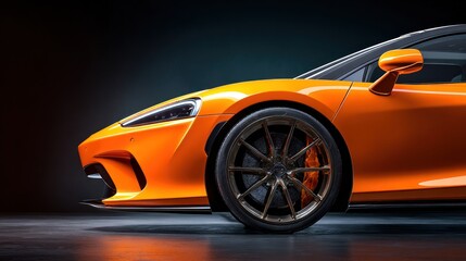 Modern orange sports car detail against dark background automotive design