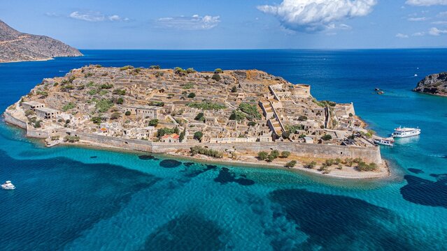 Spinalonga Venetian Fortress. Pristine Waters. Aerial Take Shot. Crete. Greece