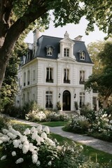 Naklejka premium Beautiful White House Surrounded by Blooming Flowers on a Sunny Day in a Charming Neighborhood