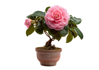 Pink Camellia Flower in Terracotta Pot isolated on a transparent background