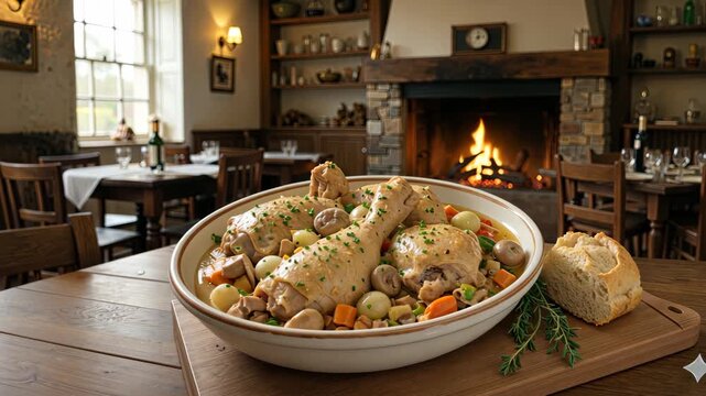 Warming french coq au vin in a bowl, served in cozy restaurant with a burning fireplace.
