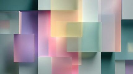 Abstract layered translucent squares with soft colors and geometric design