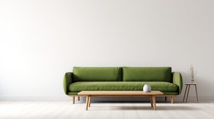 Modern green sofa with table and decor against a white wall background