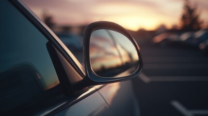 Car side mirror at sunset with colorful sky reflection and parking lot