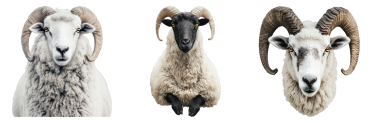 Three majestic rams showcase their impressive curled horns and unique characteristics. Each ram possesses a distinct appearance.
