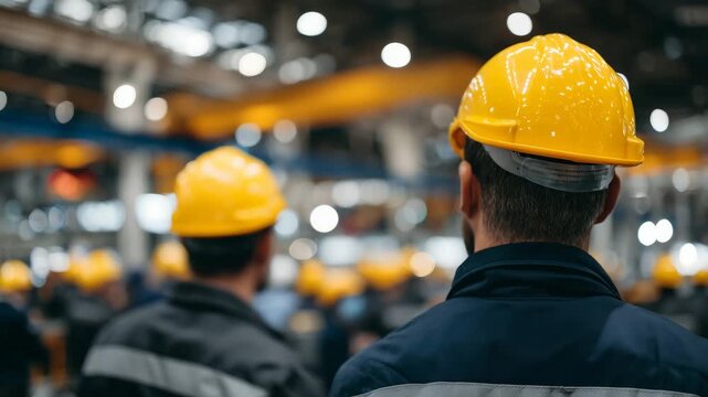 Employees gathered for mandatory safety training in production hall, viewed from behind, highlighting uniform hard hats and industrial atmosphere