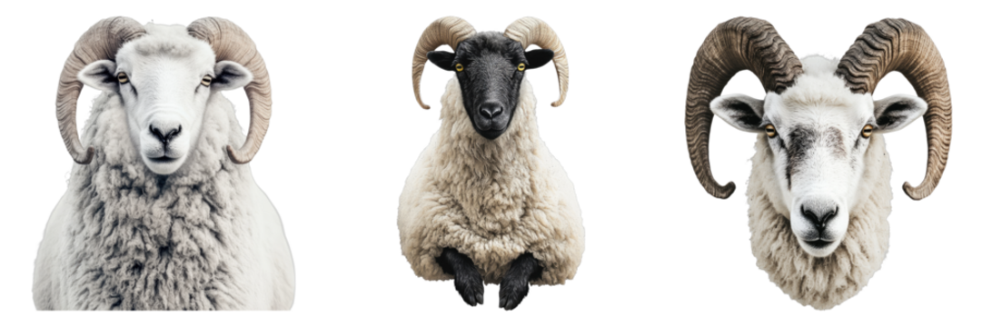 Three majestic rams showcase their impressive curled horns and unique characteristics. Each ram possesses a distinct appearance.