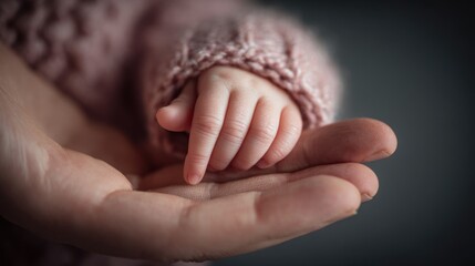 Close up of baby hand in adult hand tenderly held with soft lighting