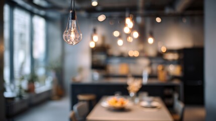 Modern interior with illuminated light bulbs and dining table background