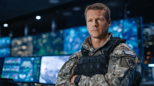 Focused agent in tactical uniform monitoring multiple digital screens at a high-tech government surveillance control center, ambient blue and green lighting highlighting data feeds