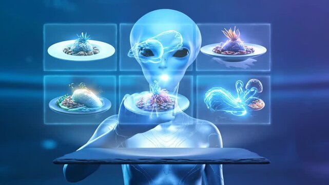 Blue-skinned extraterrestrial entity with black eyes standing in a futuristic environment, presenting a dark floating technological display platform with a glowing light from beneath