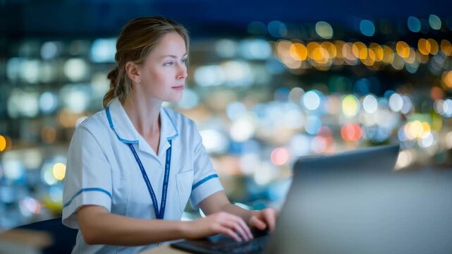 Focused nurse at nursing station typing on keyboard while analyzing digital patient data, background filled with medical files, equipment, and soft bokeh lights