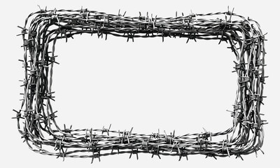 A rectangular frame constructed from coiled barbed wire, isolated on a white background, conveying a sense of confinement or restriction