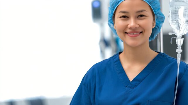 Focused nurse in sterile scrubs gently regulating IV fluid flow, reflective chrome equipment and clinical white background conveying calm professionalism