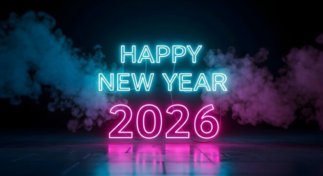 Vibrant neon sign displaying happy new year 2026 illuminated with electric blue and pink hues amidst wisps of smoke - Powered by Adobe