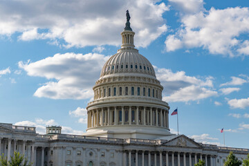 Fototapeta premium Capitol dome. Historic Capitol by the national flag. Capitol dome as symbol of law. Washington monument architecture. Washington DC. US Senate. Federal government in the nation capital. USA symbol