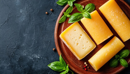 Assorted cheese variety top view on wooden table, food photography.