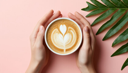Latte coffee cup with foam in hands top view