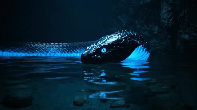 Giant fantasy serpent swimming in dark cave water, its body and eyes emitting an intense blue bioluminescent light, creating an otherworldly and mysterious atmosphere