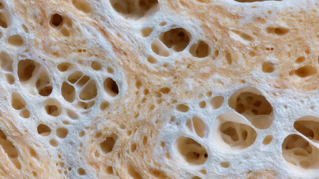 Extreme close-up of cancellous bone cross-section with deep cavities and delicate micro-architecture, demonstrating porous osteoporotic tissue