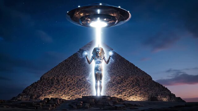Ufo illuminating a golden pharaoh figure with outstretched arms in front of an egyptian pyramid under a starry twilight sky, symbolizing ancient alien theories and extraterrestrial visitation