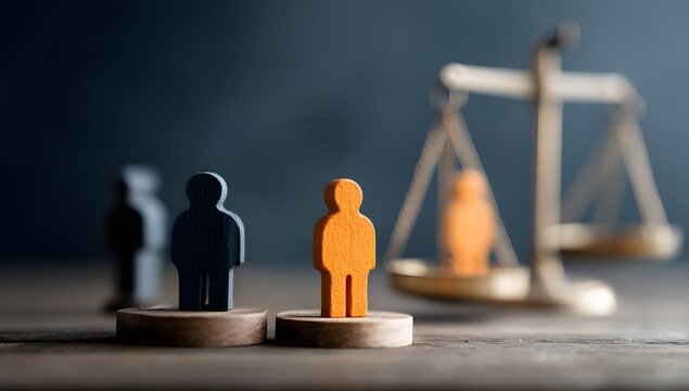 Brass scales of justice balancing two wooden figures against a group of four representing legal weight and the concept of societal equity - Powered by Adobe