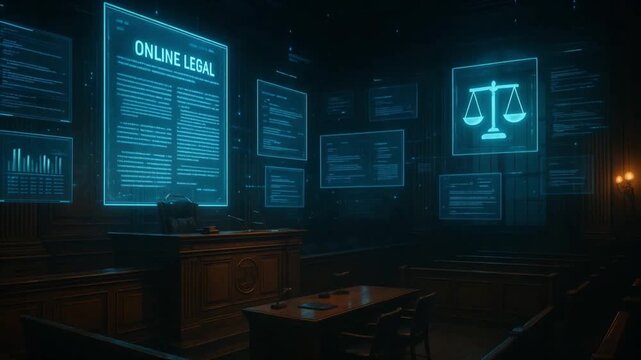 Modern Courtroom Showcasing Digital Technology and Legal Information, Blending Justice with Advanced Displays in Serious Atmosphere