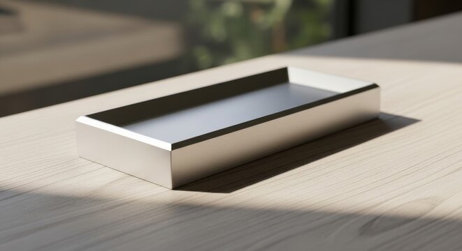 Minimalist brushed metal desk organizer tray for pens and office supplies on a wooden surface