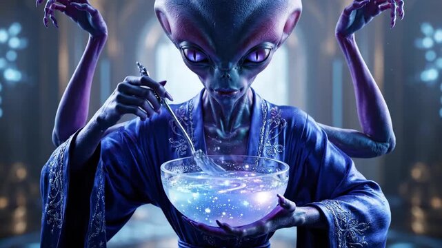 Extraterrestrial being with multiple arms and glowing eyes preparing a magical potion in a mystical setting, mixing sparkling particles within a glass bowl