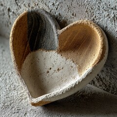 Hand-thrown heart-shaped ceramic dish, light beige and dark gray