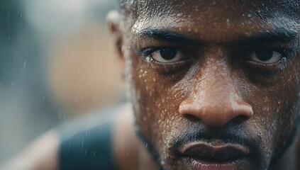 Close up on the intense face of an African American male athlete covered in sweat and water droplets from heavy rain during an intense workout