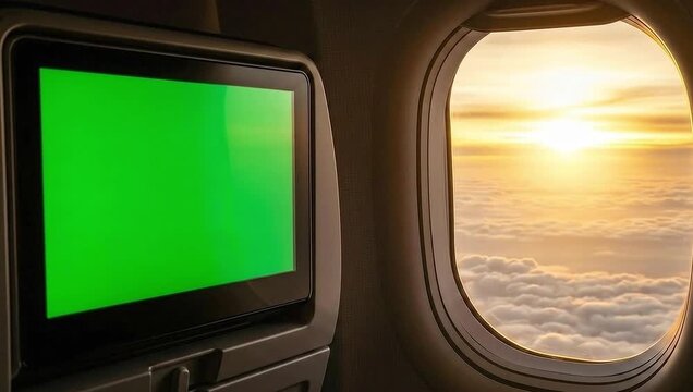 Airplane window view with sunset and clouds, alongside a green screen display for inflight entertainment, offering a blend of travel and technology