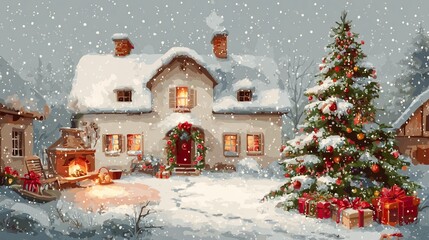 Naklejka premium Cozy winter scene featuring a charming cottage, decorated tree, and gifts amidst falling snowflakes