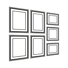 Set of photo frames on wall with decorative borders and gallery style design